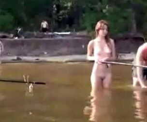Tipsy teenager gang young womans bare weekend on the river,